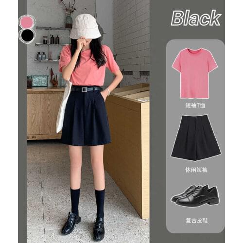 Summer Casual Wide-leg Shorts Womens Summer Solid Color T-shirt + Loose and Thin High-waist Five-point Suit Pants