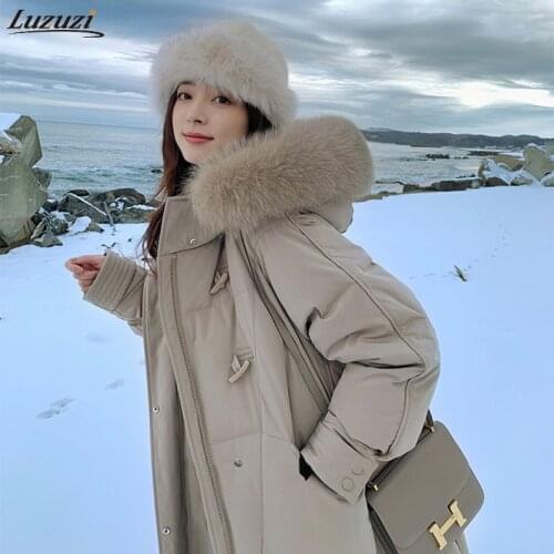 Luzuzi Horn Buckle Fox Fur Collar Down Jacket Women Winter White Duck Down Hooded Jackets Warm Coat Parka Female Snow Outwear