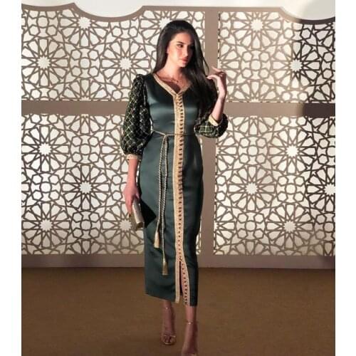 Moroccan Caftan Kaftan Evening Dresses Dubai Abaya Arabic 3/4 Long Sleeves Amazing Gold Embroidery V-Neck Occasion Prom Formal