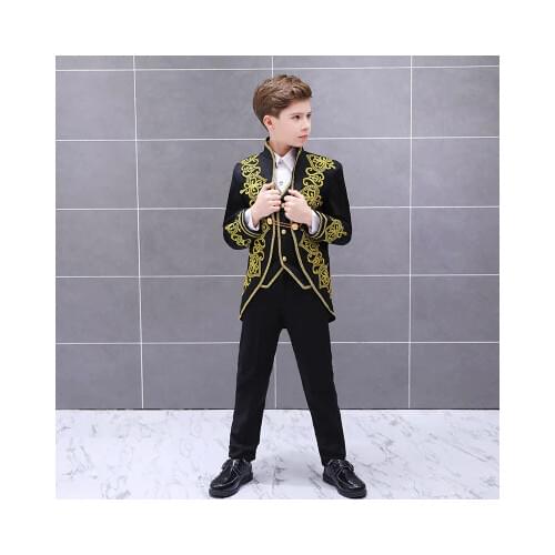 2020 Fashion Black Party Prom Boys Suit Children Gold Prince Charming Performance Suit Set Kids Blazer Vest Pants 3 Piece Tuxedo
