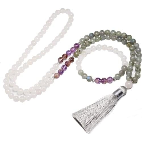 Natural 8mm Grey Labradorite and Auralite 23 Beads Necklace 108 Bead Mala White chalcedony Jewelry Buddha Bracelet Women Men