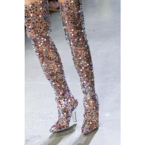 New Luxury Brand Women Transparent PVC Colorful Diamond Crystal Bling Bling Zip Over The Knee Pointed Toe Thigh Long Boots