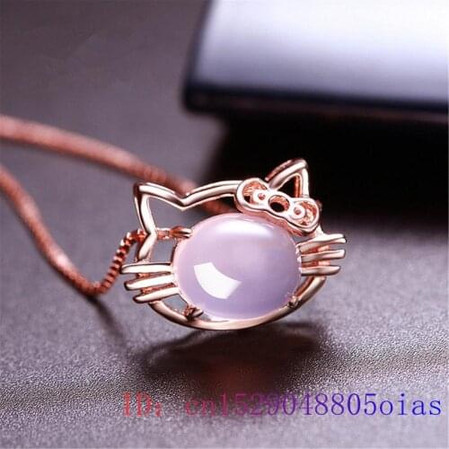 Pink Jade Cat Pendant Chalcedony Jewelry Fashion Necklace 925 Silver Zircon Amulet Gifts Gemstone Crystal Women Natural