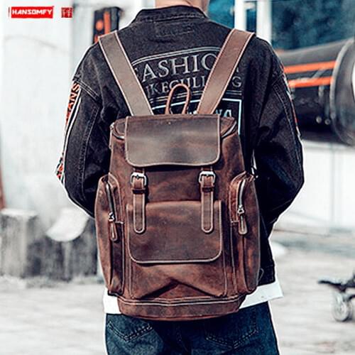 Retro Crazy Horse Leather 17 inch laptop backpack for Men Large Capacity Male Travel Backpacks computer Bags school Backpack