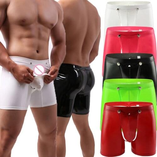 Sexy Men Boxer Shorts Lingerie Open Crotch Penis Pouch Underwear Gay Panties Calzoncillos Hombre PU Leather Boxershort Plus Size