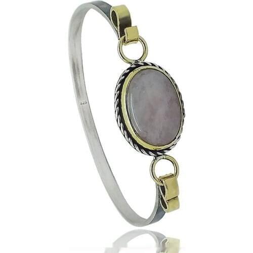 Silver Pink Quartz Stone Handcuff Bracelet