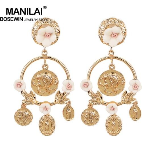 MANILAI Trend Charm Resins Flower Dangle Earrings For Women Vintage Metal Big Coins Pendant Earrings Wedding Jewelry Brincos