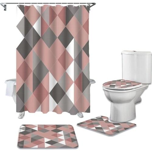 Triangular Repeated Geometric Bathroom Curtain Set Bath Mat Sets Shower Curtains with Hooks Non-Slip Pedestal Rug Toilet Cover
