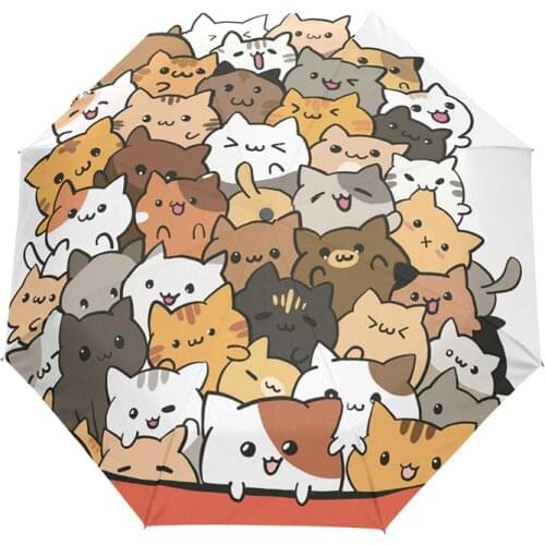 Three Folding Sun Rain Travel Umbrella Women Children High Quality Cat Automatic Umbrellas Female Umbrella with Black Coating