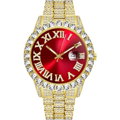 Hip Hop Mens Date Quartz Watch Waterproof Watches CZ Stone Paved Bling Iced Out Stainless Steel Watch for Men Charm Jewelry