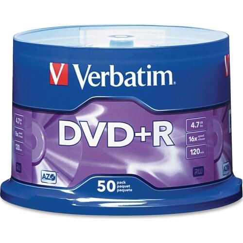 Verbatim DVD+R 4.7GB 16X 50PK Spindle Branded Recordable Media Disc Compact Write DVD 95037