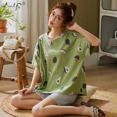 Green Sleepwear Sets For Women Lovely Avocado Pattern Pajamas 100% Cotton Short Home Wear Hot Sale Femme Underwear Pijamas