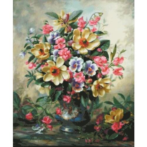 Yellow flower vase cross stitch package big bloom 18ct 14ct 11ct cloth cotton thread embroidery DIY handmade needlework