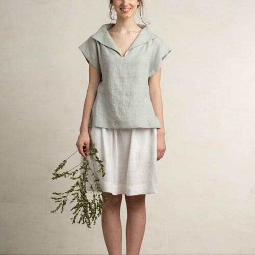 Womens Summer Loose type Shirt V-neck Short Sleeve Solid White Light Grey Dark Blue Blouse for Sweet Girl S to 3XL