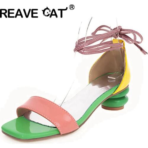 REAVE CAT New 2021 Women Sandals Open Toe 4cm Strange Heels Lace-Up Patent Leather Pacthwork Big Size 34-43 Casual Date A3893