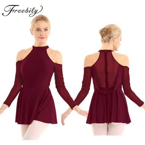 Adult High Neck Cut Out Shoulder Long Sleeves Mesh Splice Ballet Gymnastics Leotard Women Figure Ice Skating Dress Dance Costume