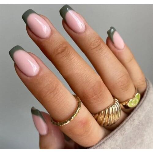 24pcs Olive Green Nail Patch Glue Type Removable Mid Length Paragraph Fashion Manicure Save Time False Nail Patch SK88