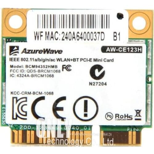 AzureWave AW-CE123H Wireless wifi 802.11ac 867Mbps WLAN+BT 4.0 Half Mini PCI-E Card Broadcom BCM94352 AC WiFi Bluetooth card