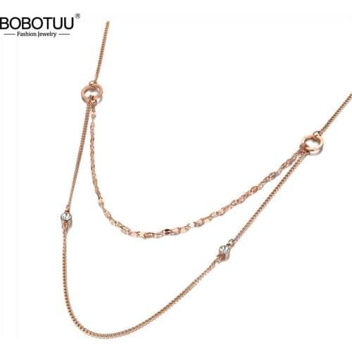 BOBOTUU Bohemia Stainless Steel Double-layer Choker Necklace CZ Crystal Charm Pendant Chain & Link Jewelry For Women BN20055