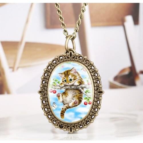 Bronze Pendant Jewelry Clock Quartz Pocket Watch Cute Cats Display Necklace Clock Oval Shape Fob Chain Watch Best Gifts reloj