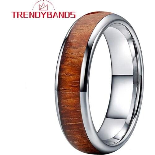 6MM Koa Wood Inlay Tungsten Rings For Men Women Wedding Band Polished Shiny