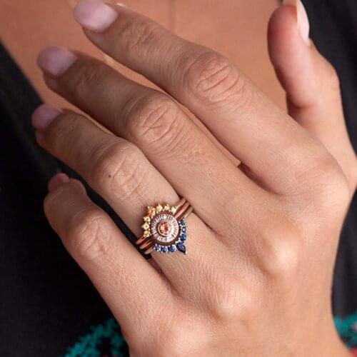 Ring charm jewel finger crown ring lady rose gold foldable zircon three-piece set of matching rings