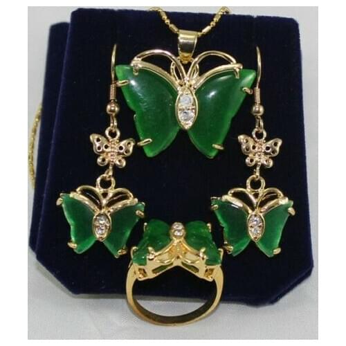 Beautiful green jades Butterfly pendant necklace earring ring Set