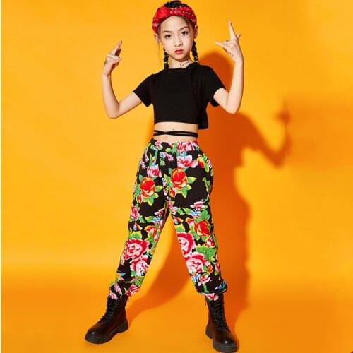 Girls Jazz Dancing Performance Costume Black Crop Tops Fashion Hip-Hop Pants Short Sleeves Summer Street Dance Wear Suit BL6249