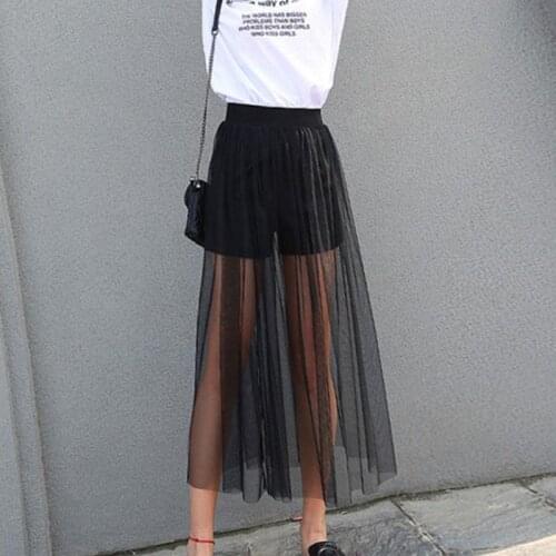 Summer Fashion Women Sexy Black Skirt Solid Color High Waist Trendy Black See-through Mesh Skirts