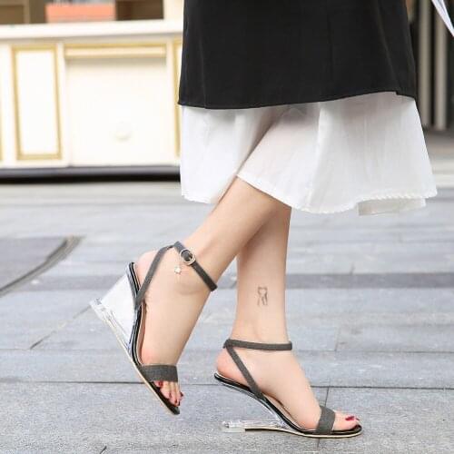 Summer PVC Transparent Wedges Ladies Sandals Sweet Party Office Pumps Shoes Sexy Open Toe Sequins Ankle Straps Women High Heels