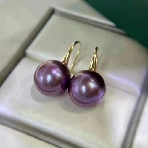 HENGSHENG Hot 10-11mm Round Natural Ocean Purple Pearls Earrings For Women Pure 18k Gold Drop Earrings 2021 New Luxury