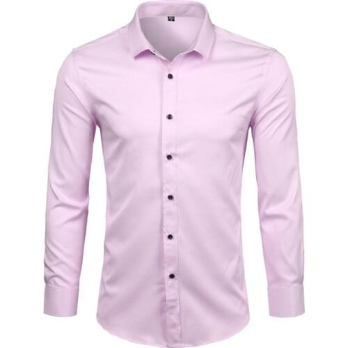 Pink Shirt Men 2018 Elastic Bamboo Fiber Mens Dress Shirts Casual Button Down Long Sleeve Easy Care Business Work Shirts Camisa