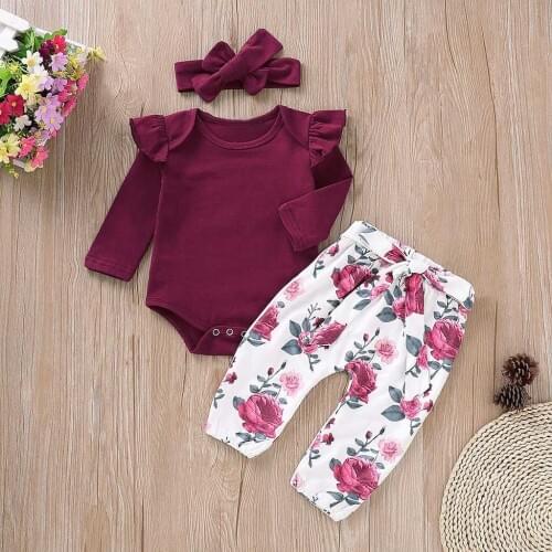 Baby Girl Clothes Toddler Baby Girls Boy Set Newborn Kids Clothes Long Sleeves Romper Tops+Floral Pants+Headbands Set Outfits