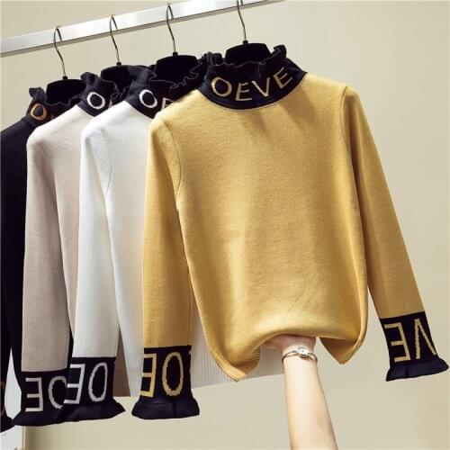 Autumn Winter Thick Warm Letter Embroidered Turtleneck Sweater Women Long Sleeve Knit Pullover Solid Sweaters Tops Female