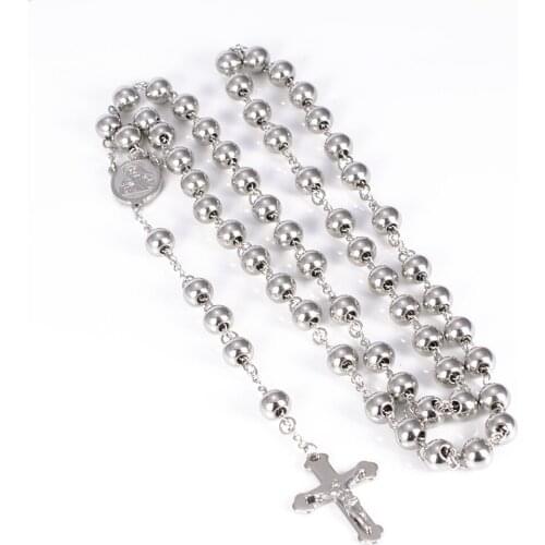 Retro Jesus Cross Necklace Pendant Jewelry for Men Womens Long Silver Color Stainless Steel Rope Necklace Beads Chain Gift