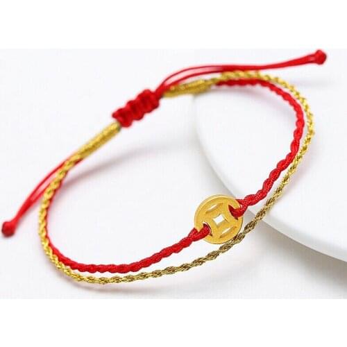 Genuine 24K Yellow Gold Coin-Shape Bead Golden and Red Cord Bracelet Length from 5" to 15" For Lady