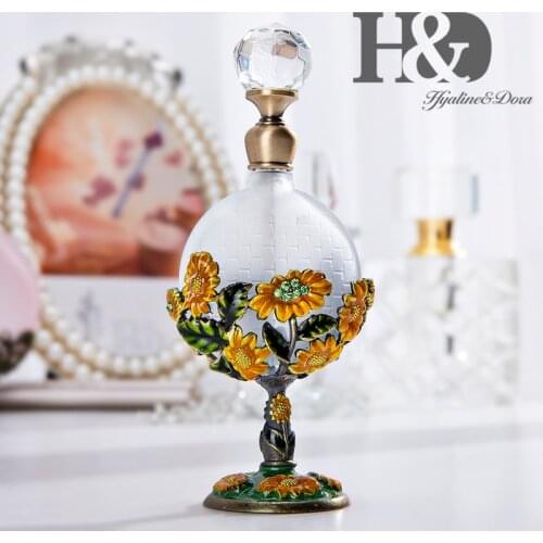 H&D 8ml Fancy Retro Empty Crystal Perfume Bottle Sunflower Embelished Flat Body Refillable Fragrance Container Scent Bottle Gift