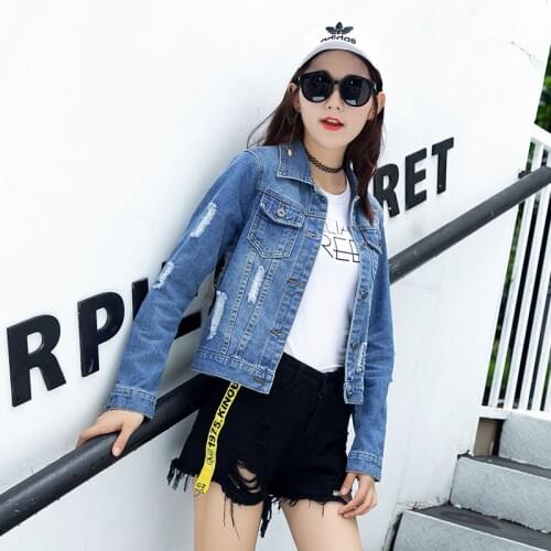 Plus Size S M L XL XXL Oversize Holes Denim Jacket Women Jacket Spring Slim Cotton Light Washed Long Sleeve Jeans Jacket Coats