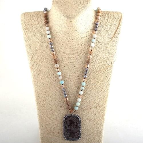 MD Fashion Beaded Jewelry Natural Stones Crystal Long Knotted Paved Rhinestone Semi Precious Rectangle Stone Pendant Necklaces