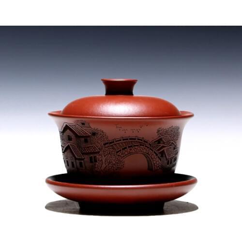 TaoYuan 】 yixing undressed ore purple sand cup tea cup dahongpao town in jiangnan carved draw three tureen 140 cc
