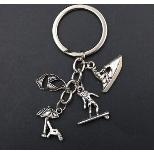 WKOUD 1pc Sports Keychain Speedboat & Surfboard & Swimsuit Charm Creative Handmade Metal Travel Leisure Commemorative Keychain