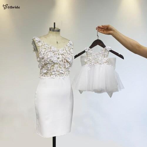 YYbride New White Satin Mother and Daughter Outfit Dresses with Kids skirt with Party Lace Flowers Sewing Pearls Mother dresses