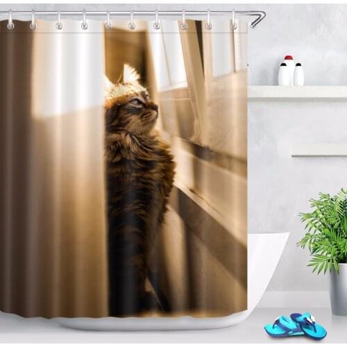 72'' Cat Sunning at the Window Shower Curtains Bathroom Curtain Waterproof Mildew Resistant Polyester Fabric for Bathtub Decor