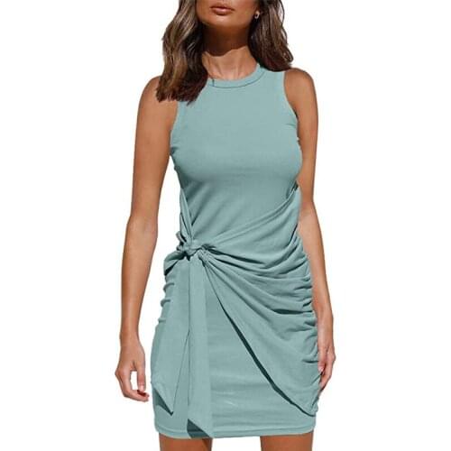 2021 Womens Dresses Belt Solid Color Summer Sleeveless T Shirt Casual Loose Short Skirt A Line Slim Mini Dress Holiday