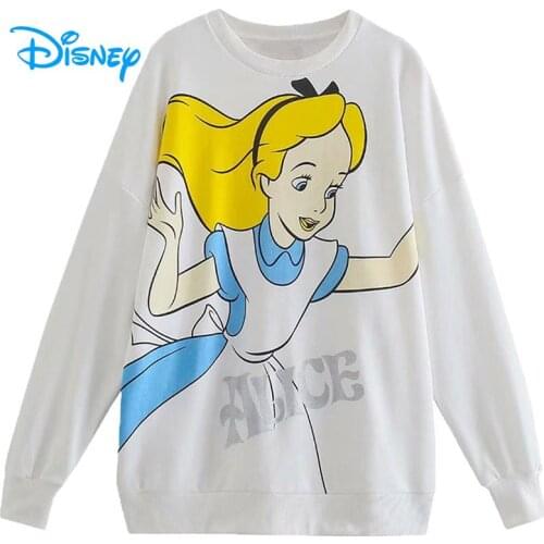Disney Sweatshirt Harajuku Vintage Women Streetwear Alice in Wonderland Print Cartoon O-Neck Pullover Female Casual Loose Tops