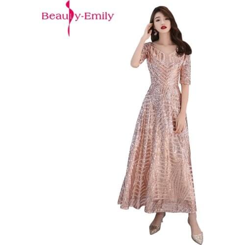 Beauty Emily Sexy V Neck Zipper Back Gold Evening Dress Long Women Elegant lSequined Party Dress Ladies 2020