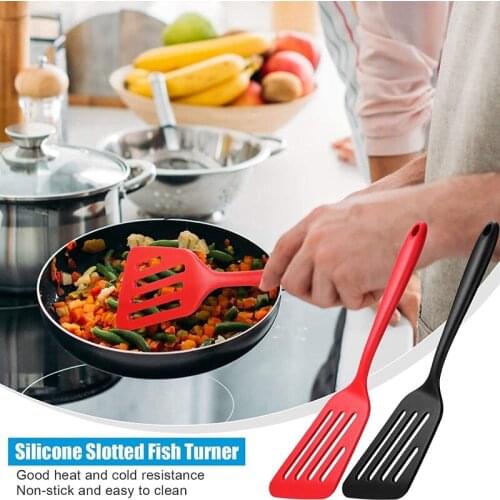 2 Pieces Silicone Slotted Fish Turner Spatula Non-Stick Heat Resistant for Scrapping Flipping Frying Foods Red Black