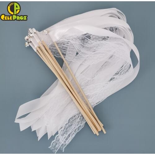 50Pcs White Lace Ribbon Wands Wedding Twirling Streamers Wedding Ribbon Fairy Stick With Bell Party Send off Cheer Prop Wands