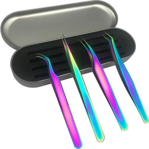 4pcs Curved Straight Tweezers Rainbow Eyelash Extension Nails Decor Picker Dead Skin Remover Manicure Makeup Nail Tools
