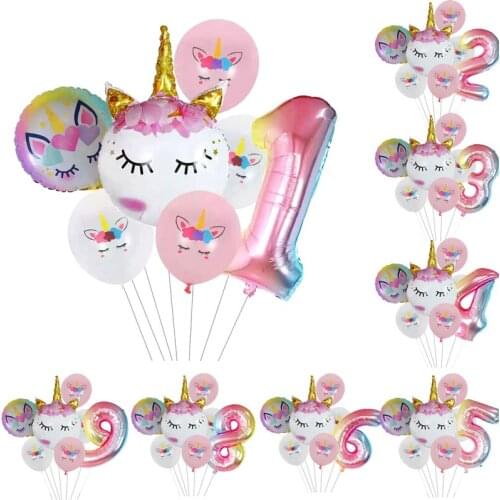 7pcs/batch Rainbow Unicorn Party Balloon Unicorn Birthday Decoration Number Balloon Kids Birthday Party Childrens Toys